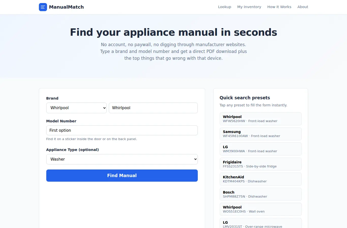 Screenshot of ManualMatch: Appliance Manual Locator interface showing the project page in use